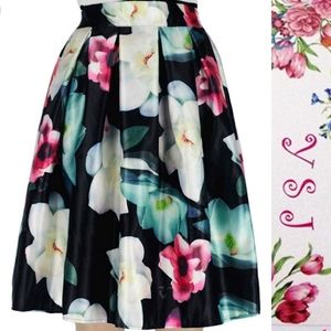A-Line Pleated High Waist Midi Skirt Floral OL Vin